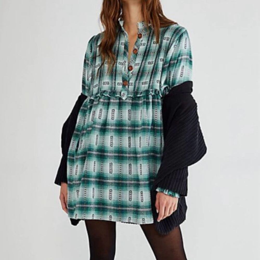 Free People Green Redwood Flannel Plaid Babydoll Mini Dress Size Medium